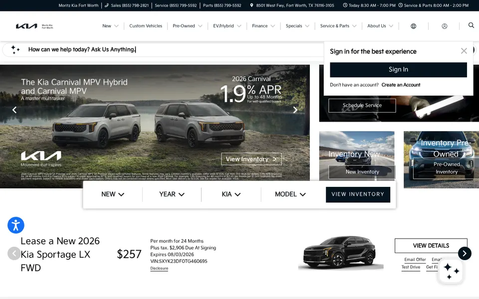 Moritz Kia Fort Worth website