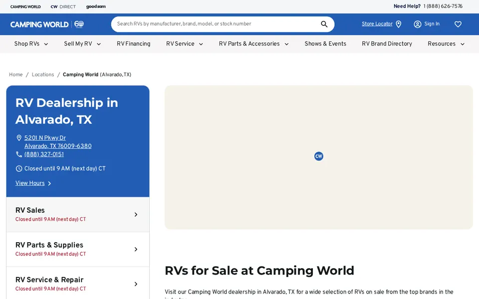 Camping World of Alvarado, TX website