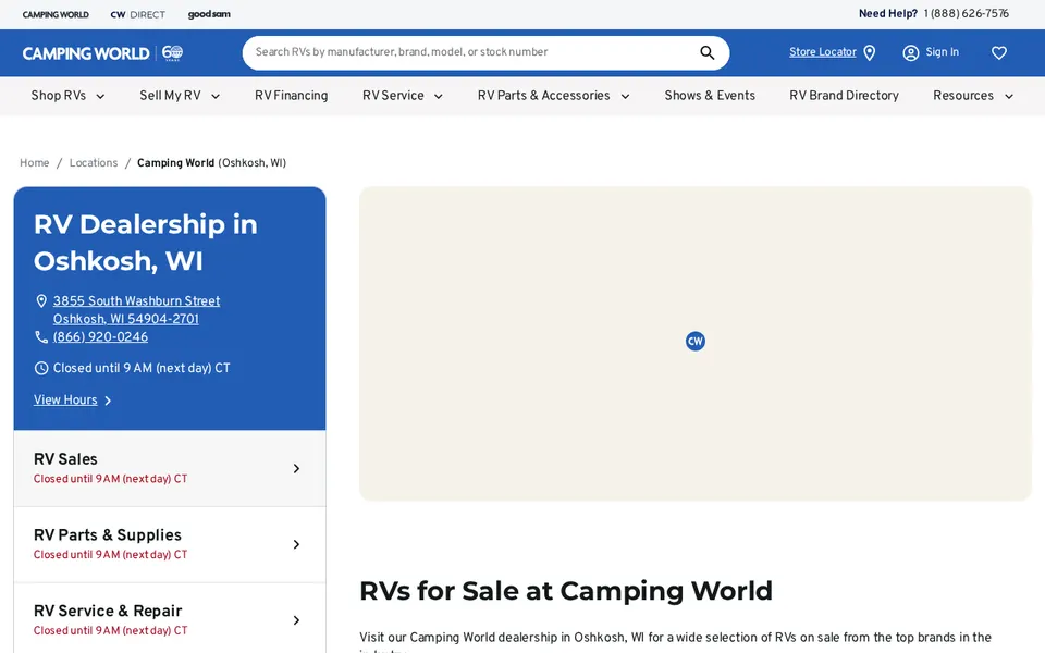 Camping World of Oshkosh, WI website