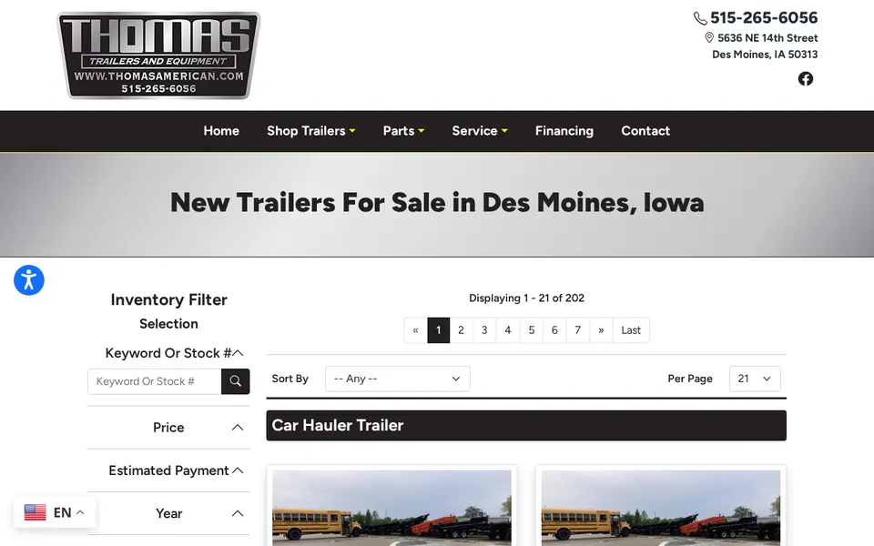 Thomas Bus Trailer Sales website