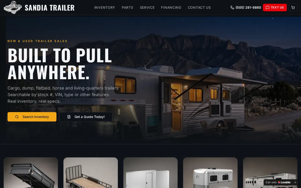Sandia Trailer Sales website