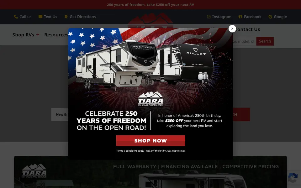 Tiara RV Sales website